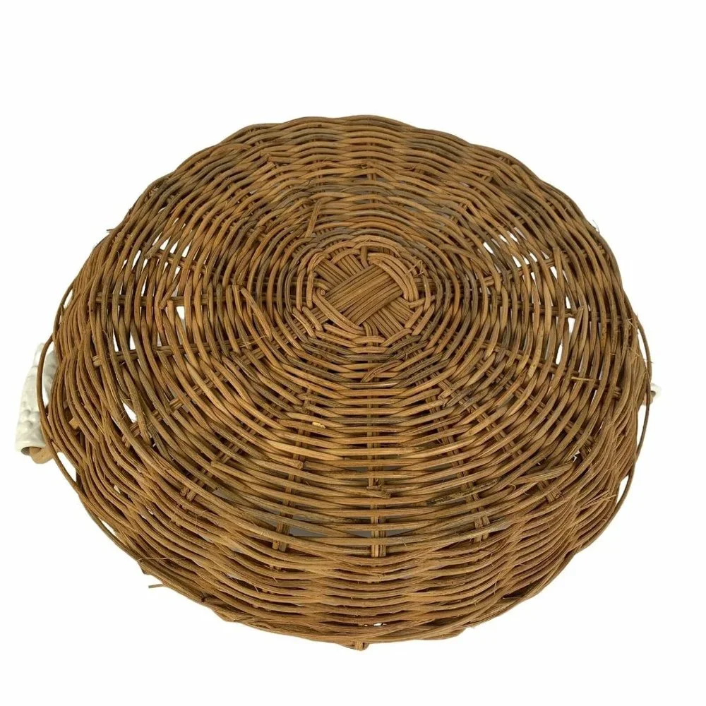 Large Round Sectioned Wicker Serving Basket Divided Ceramic Handles Organization